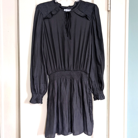 Vestique Wishing Well gray smocked waist balloon sleeve silky midi dress S - Picture 3 of 11